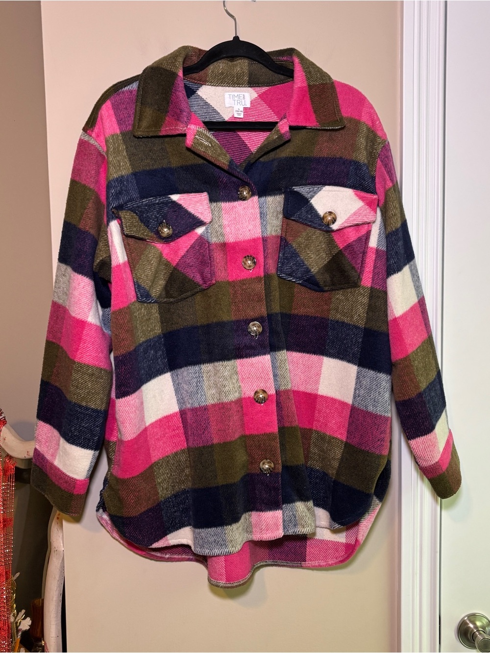 Time and Tru Pink Navy Olive Plaid Button-Up Shacket